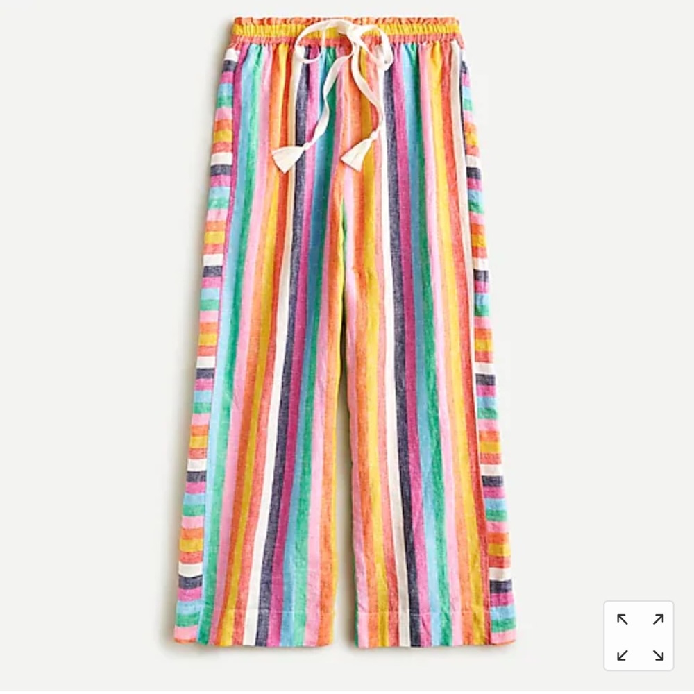 JCrew Linen Drawstring pants in rainbow stripe.